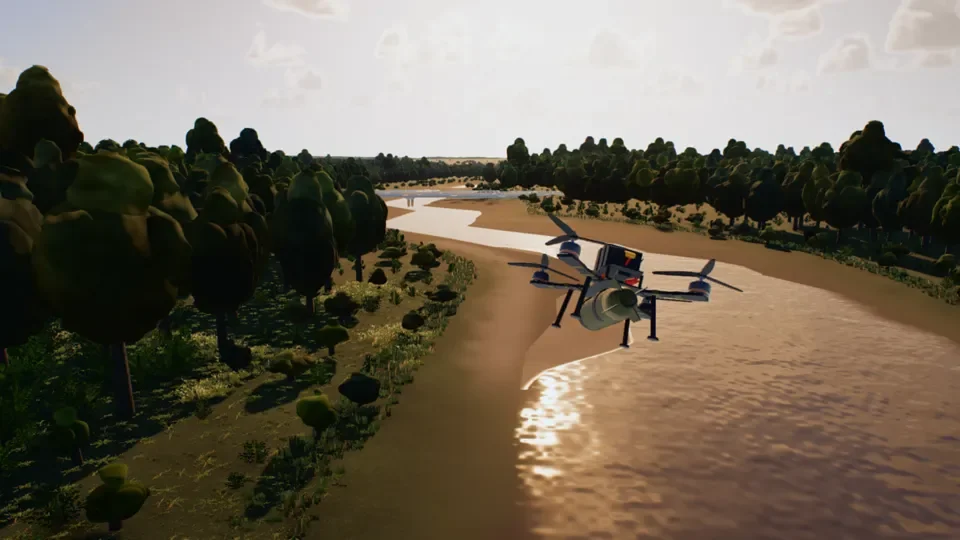 A still from the game: an FPV quad flying low over a river between forest banks, at golden hour.